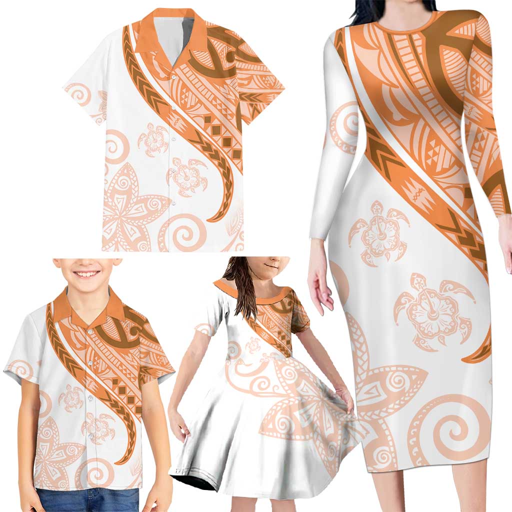 Orange Polynesian Tribal Turtle Floral Pattern Family Matching Long Sleeve Bodycon Dress and Hawaiian Shirt LT05 - Polynesian Pride