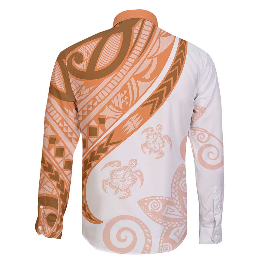 Orange Polynesian Tribal Turtle Floral Pattern Family Matching Long Sleeve Bodycon Dress and Hawaiian Shirt