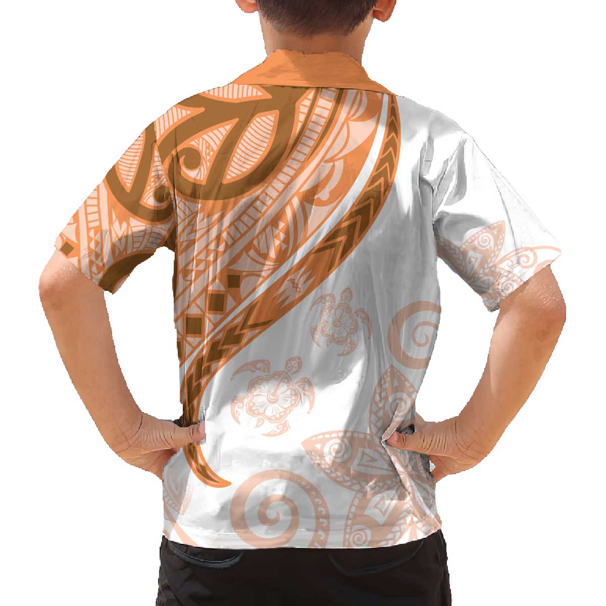 Orange Polynesian Tribal Turtle Floral Pattern Family Matching Off The Shoulder Long Sleeve Dress and Hawaiian Shirt