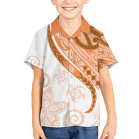 Orange Polynesian Tribal Turtle Floral Pattern Kid Hawaiian Shirt