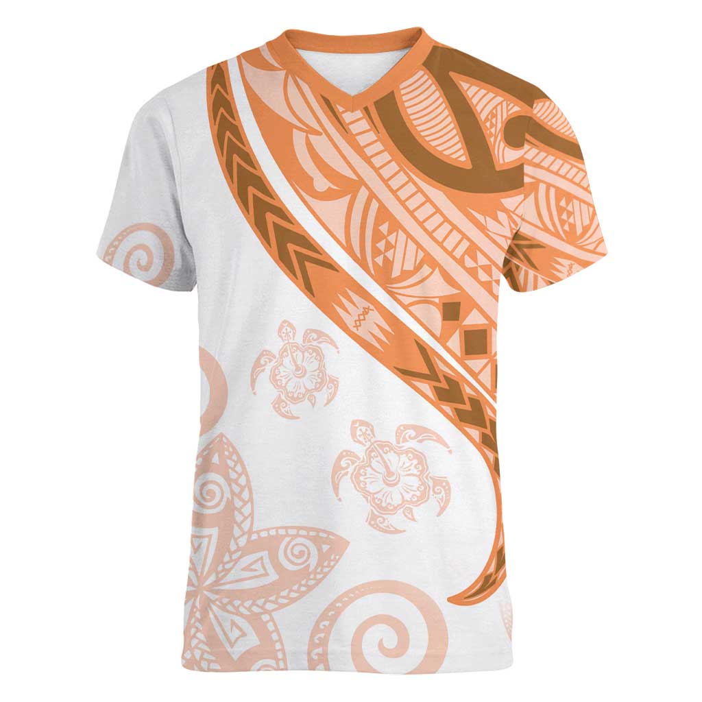 Orange Polynesian Tribal Turtle Floral Pattern Women V-Neck T-Shirt
