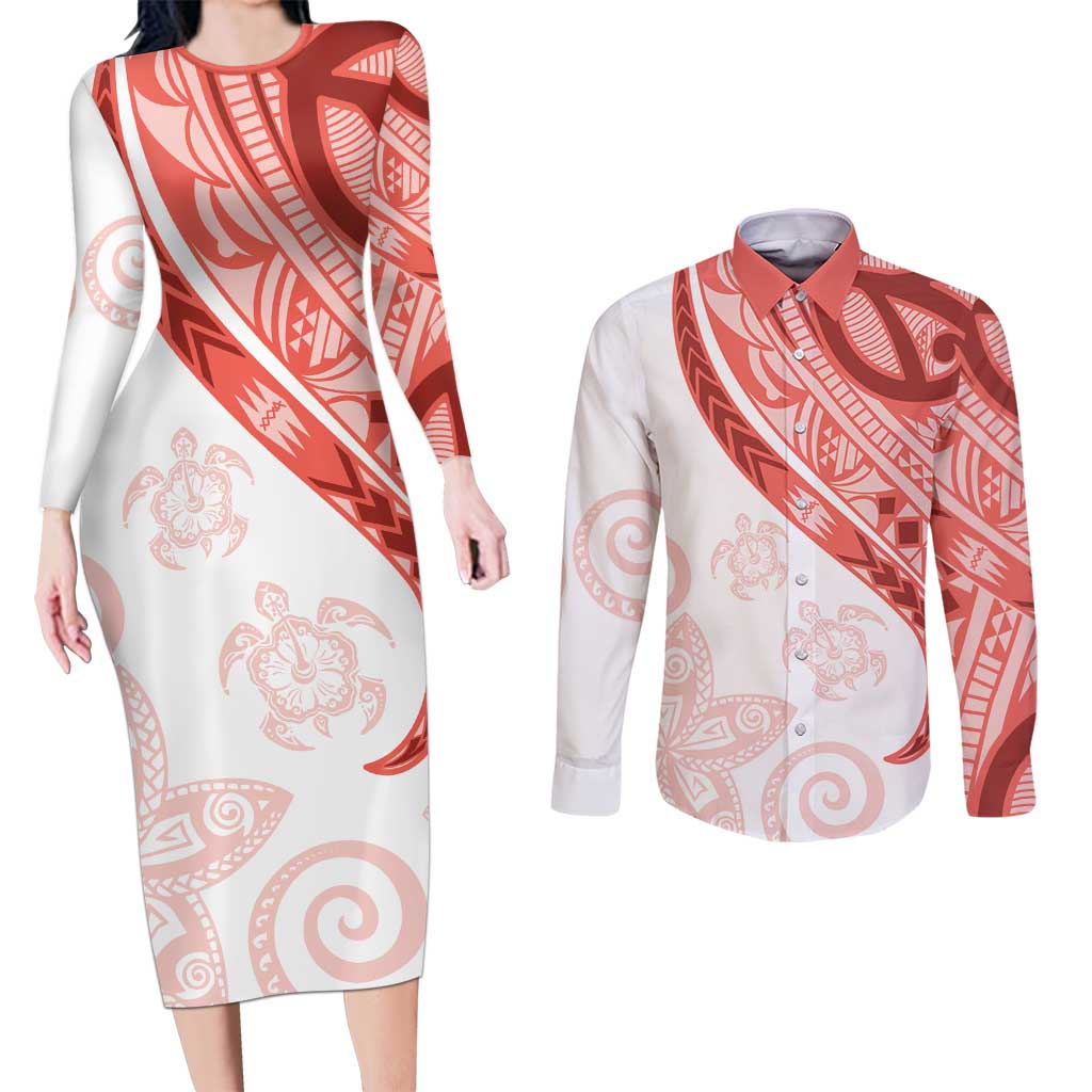 Coral Red Polynesian Tribal Turtle Floral Pattern Couples Matching Long Sleeve Bodycon Dress and Long Sleeve Button Shirt