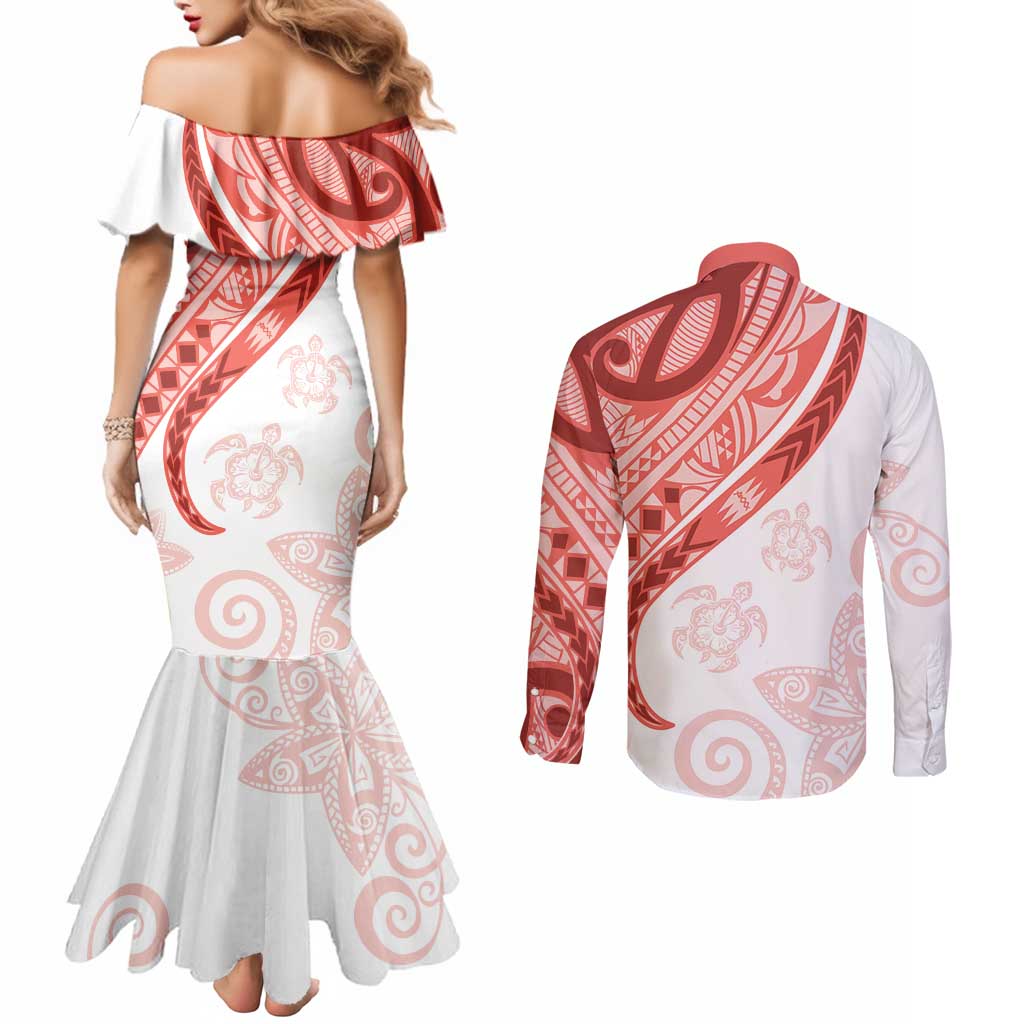 Coral Red Polynesian Tribal Turtle Floral Pattern Couples Matching Mermaid Dress and Long Sleeve Button Shirt
