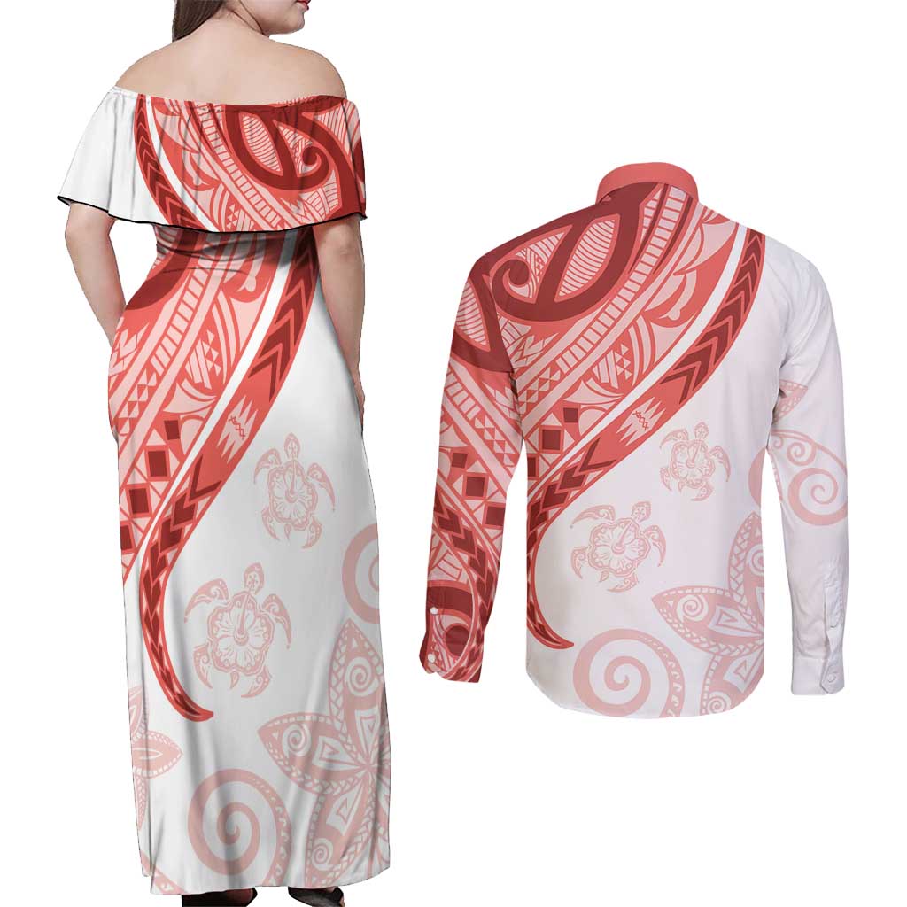 Coral Red Polynesian Tribal Turtle Floral Pattern Couples Matching Off Shoulder Maxi Dress and Long Sleeve Button Shirt