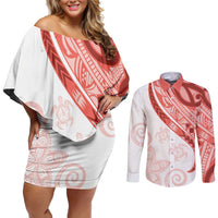 Coral Red Polynesian Tribal Turtle Floral Pattern Couples Matching Off Shoulder Short Dress and Long Sleeve Button Shirt