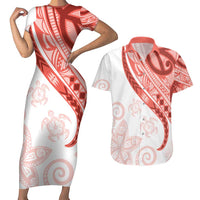 Coral Red Polynesian Tribal Turtle Floral Pattern Couples Matching Short Sleeve Bodycon Dress and Hawaiian Shirt