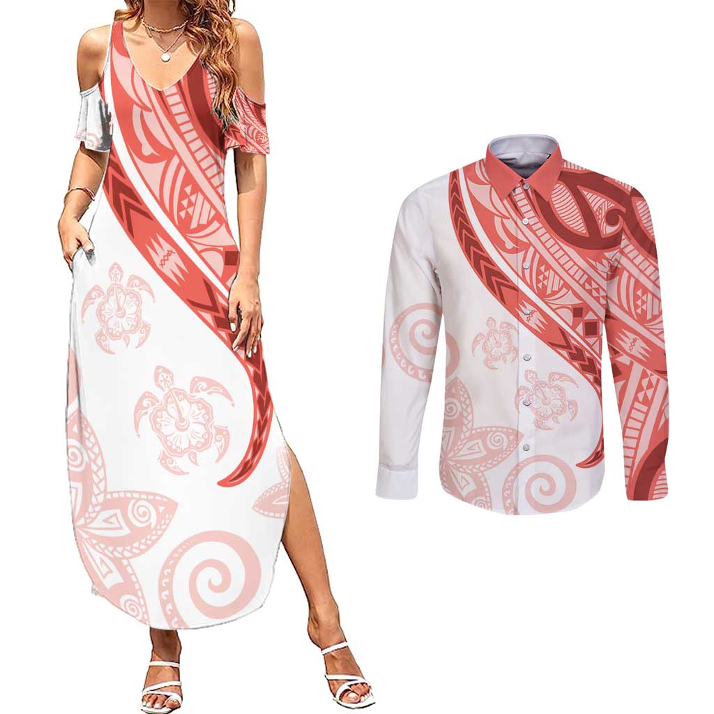 Coral Red Polynesian Tribal Turtle Floral Pattern Couples Matching Summer Maxi Dress and Long Sleeve Button Shirt