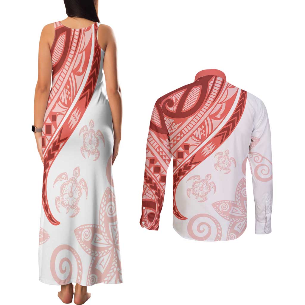 Coral Red Polynesian Tribal Turtle Floral Pattern Couples Matching Tank Maxi Dress and Long Sleeve Button Shirt