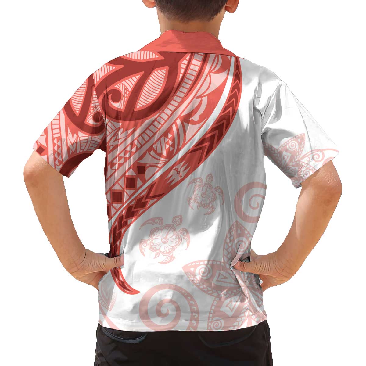 Coral Red Polynesian Tribal Turtle Floral Pattern Family Matching Off The Shoulder Long Sleeve Dress and Hawaiian Shirt LT05 - Polynesian Pride