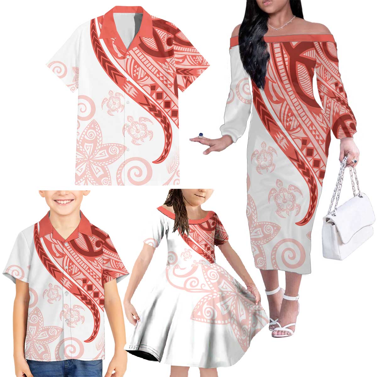 Coral Red Polynesian Tribal Turtle Floral Pattern Family Matching Off The Shoulder Long Sleeve Dress and Hawaiian Shirt LT05 - Polynesian Pride