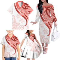 Coral Red Polynesian Tribal Turtle Floral Pattern Family Matching Off The Shoulder Long Sleeve Dress and Hawaiian Shirt LT05 - Polynesian Pride