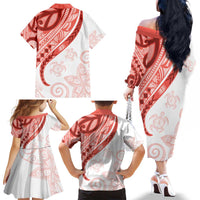 Coral Red Polynesian Tribal Turtle Floral Pattern Family Matching Off The Shoulder Long Sleeve Dress and Hawaiian Shirt LT05 - Polynesian Pride