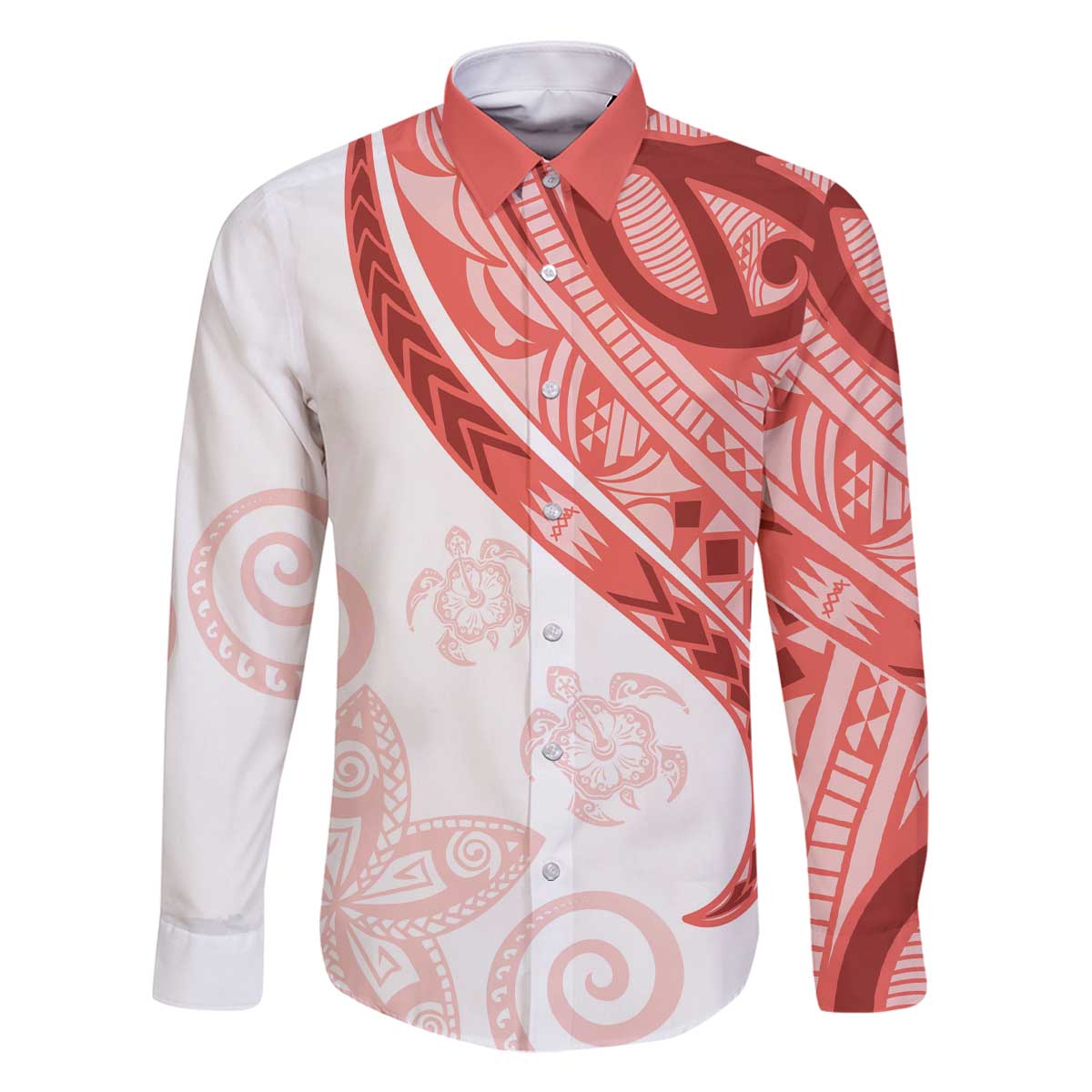 Coral Red Polynesian Tribal Turtle Floral Pattern Family Matching Off The Shoulder Long Sleeve Dress and Hawaiian Shirt LT05 Dad's Shirt - Long Sleeve Red - Polynesian Pride