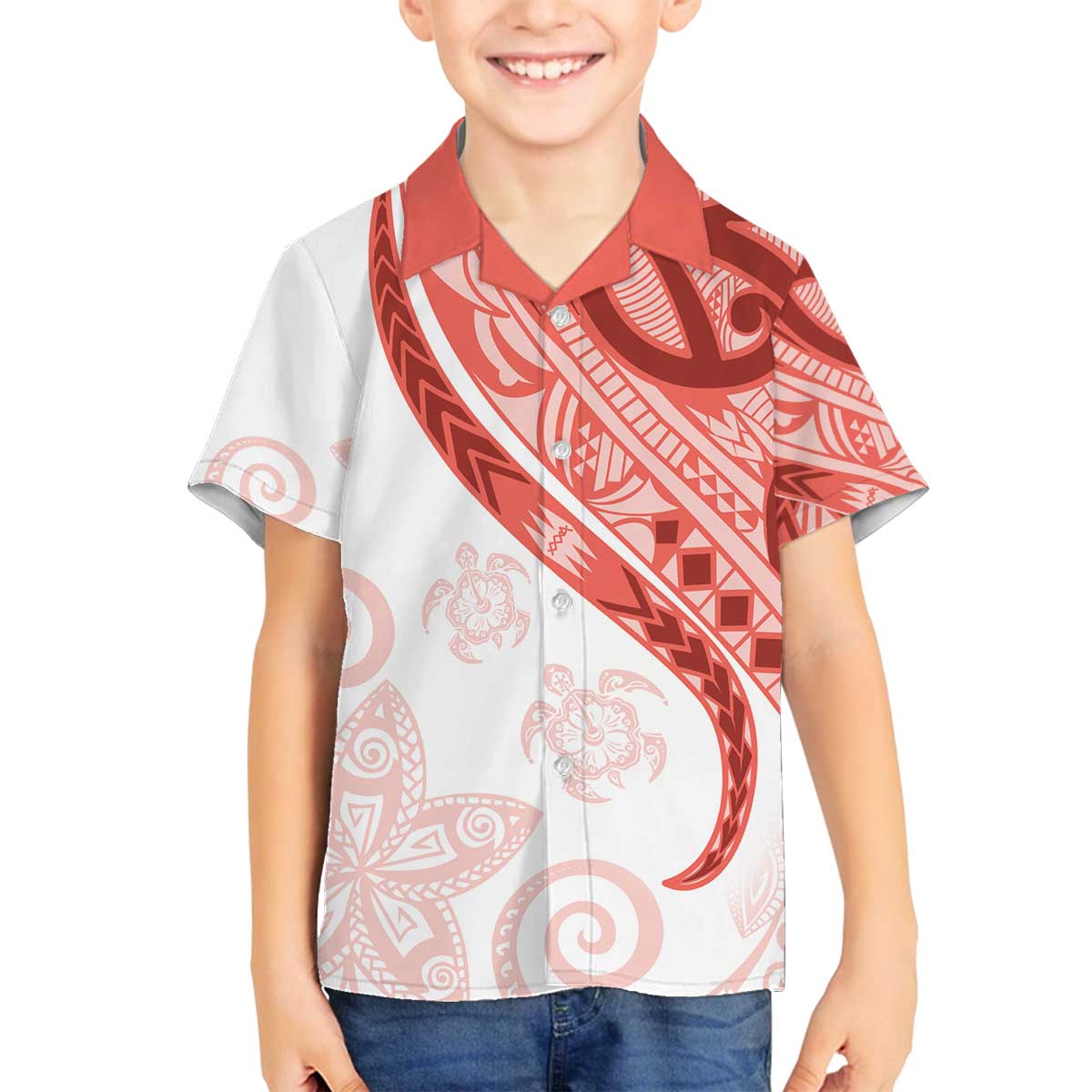 Coral Red Polynesian Tribal Turtle Floral Pattern Family Matching Off The Shoulder Long Sleeve Dress and Hawaiian Shirt LT05 Son's Shirt Red - Polynesian Pride