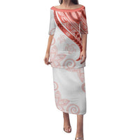 Coral Red Polynesian Tribal Turtle Floral Pattern Family Matching Puletasi and Hawaiian Shirt