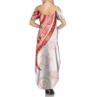 Coral Red Polynesian Tribal Turtle Floral Pattern Family Matching Summer Maxi Dress and Hawaiian Shirt