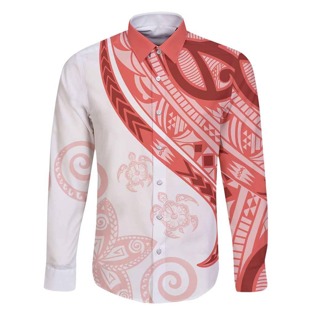 Coral Red Polynesian Tribal Turtle Floral Pattern Family Matching Tank Maxi Dress and Hawaiian Shirt