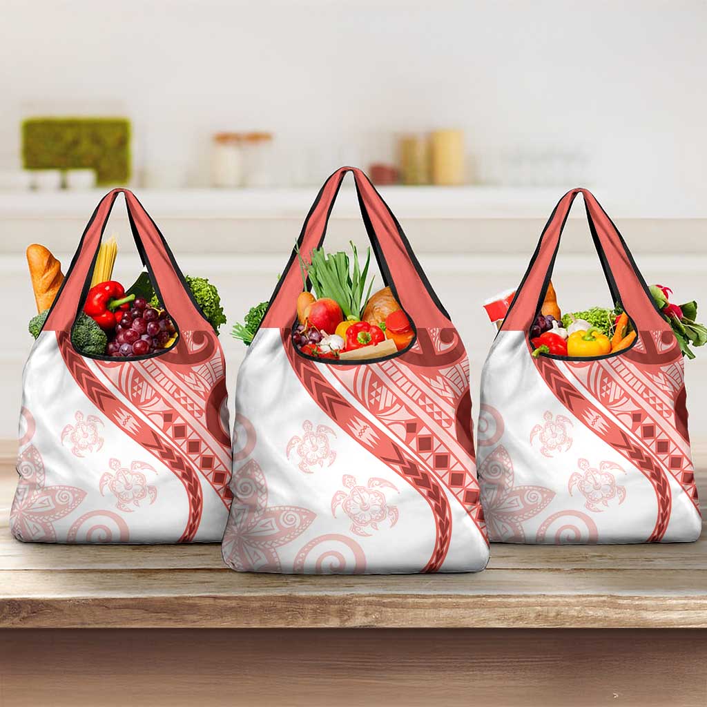 Coral Red Polynesian Tribal Turtle Floral Pattern Grocery Bag