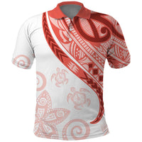 Coral Red Polynesian Tribal Turtle Floral Pattern Polo Shirt
