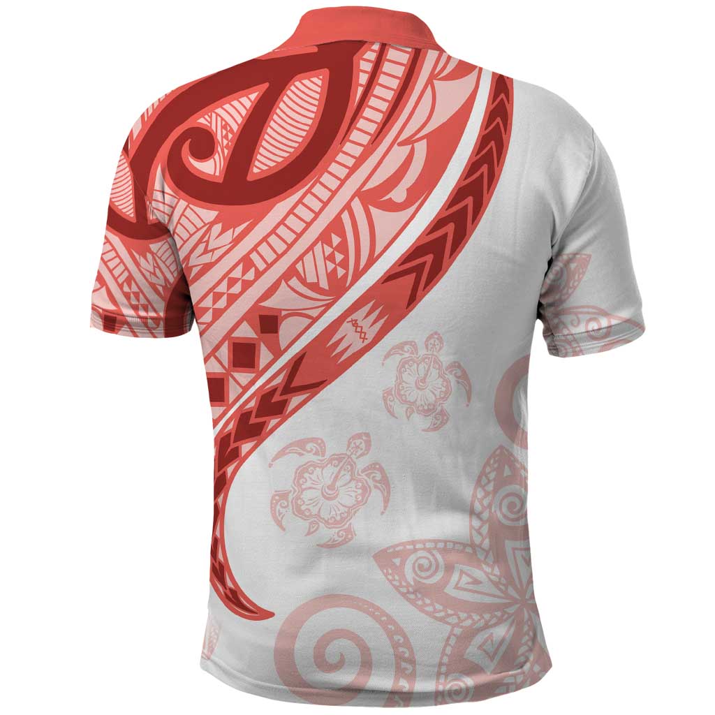 Coral Red Polynesian Tribal Turtle Floral Pattern Polo Shirt