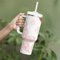 Coral Red Polynesian Tribal Turtle Floral Pattern Tumbler With Handle
