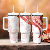 Coral Red Polynesian Tribal Turtle Floral Pattern Tumbler With Handle