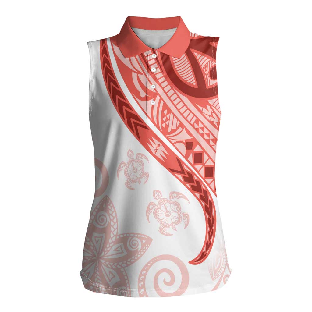 Coral Red Polynesian Tribal Turtle Floral Pattern Women Sleeveless Polo Shirt