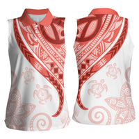 Coral Red Polynesian Tribal Turtle Floral Pattern Women Sleeveless Polo Shirt