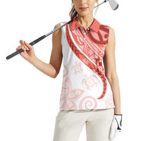 Coral Red Polynesian Tribal Turtle Floral Pattern Women Sleeveless Polo Shirt