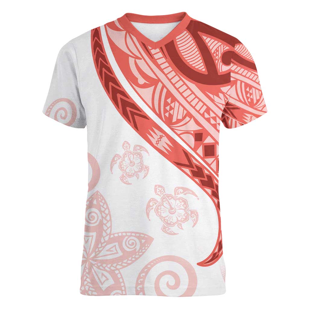Coral Red Polynesian Tribal Turtle Floral Pattern Women V-Neck T-Shirt