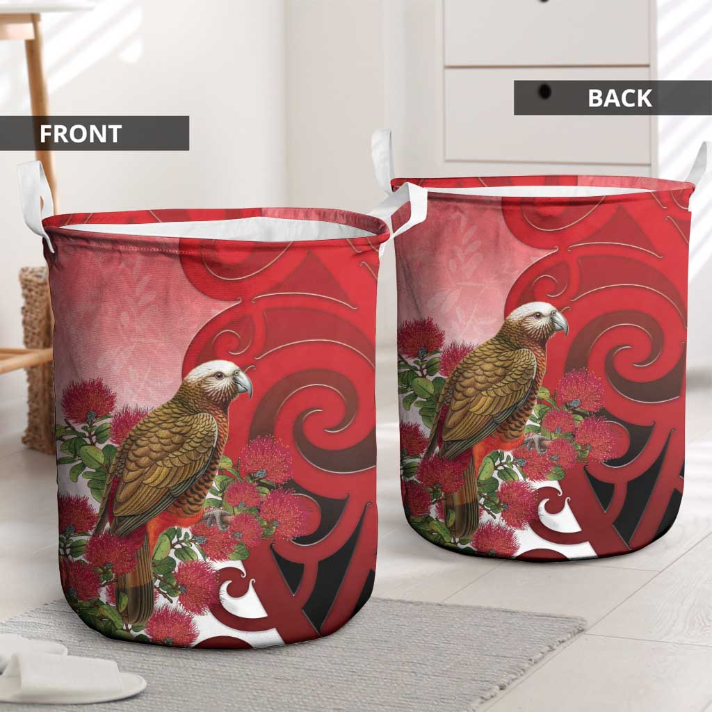 New Zealand Parrot Kaka Laundry Basket Maori Koru With Pohutukawa Flowers - Polynesian Pride