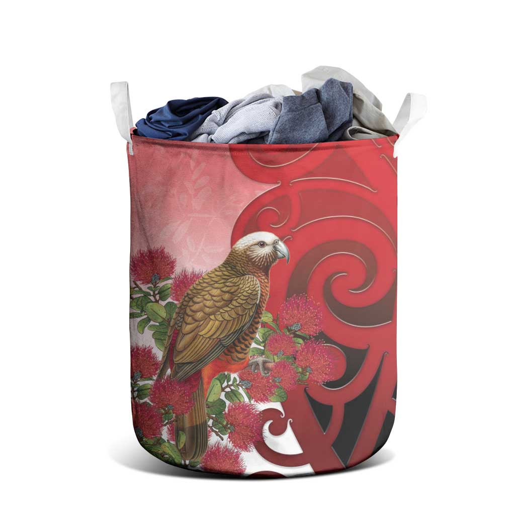 New Zealand Parrot Kaka Laundry Basket Maori Koru With Pohutukawa Flowers - Polynesian Pride