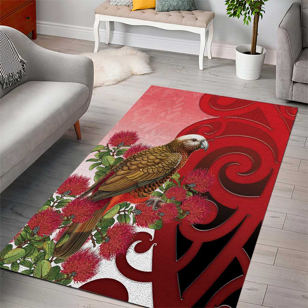 New Zealand Parrot Kaka Area Rug Maori Koru With Pohutukawa Flowers - Polynesian Pride