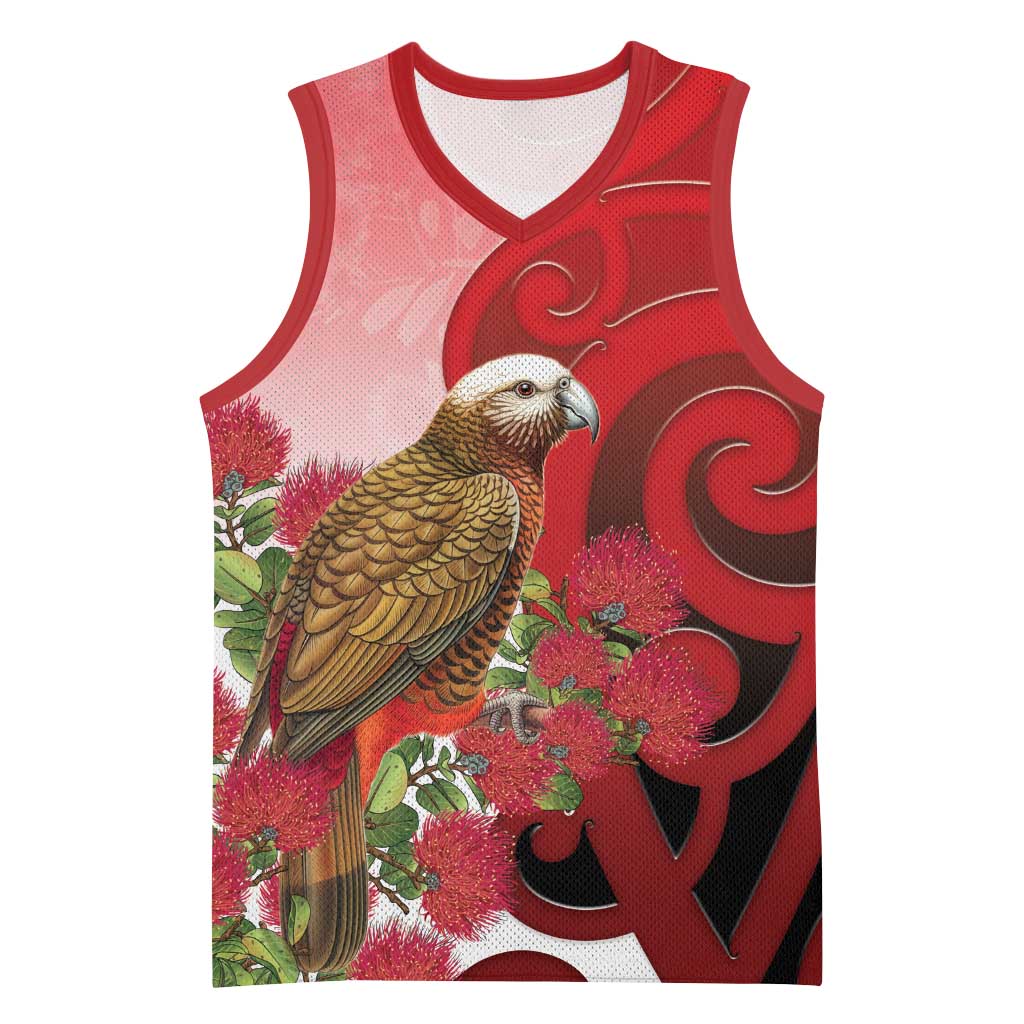 New Zealand Parrot Kaka Basketball Jersey Maori Koru With Pohutukawa Flowers - Polynesian Pride