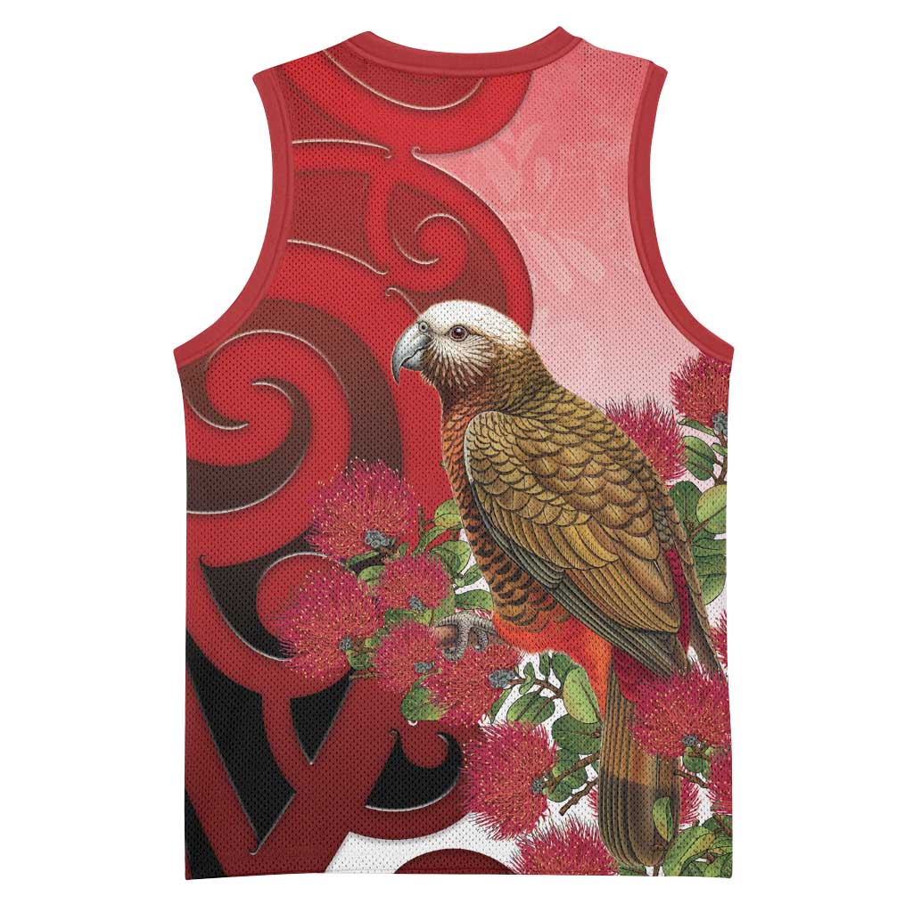 New Zealand Parrot Kaka Basketball Jersey Maori Koru With Pohutukawa Flowers LT05 - Polynesian Pride