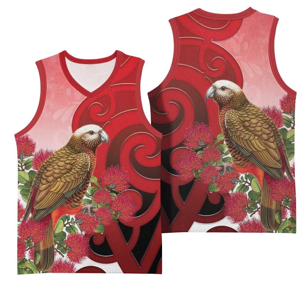New Zealand Parrot Kaka Basketball Jersey Maori Koru With Pohutukawa Flowers LT05 - Polynesian Pride