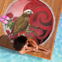 New Zealand Parrot Kaka Beach Blanket Maori Koru With Pohutukawa Flowers - Polynesian Pride