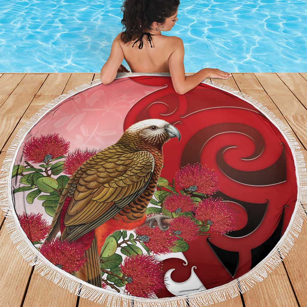 New Zealand Parrot Kaka Beach Blanket Maori Koru With Pohutukawa Flowers - Polynesian Pride