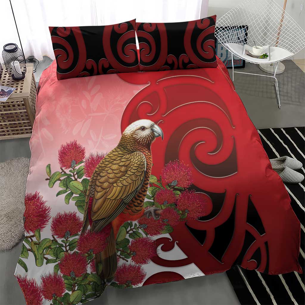 New Zealand Parrot Kaka Bedding Set Maori Koru With Pohutukawa Flowers - Polynesian Pride