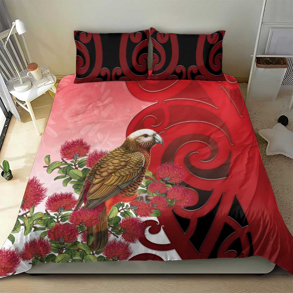 New Zealand Parrot Kaka Bedding Set Maori Koru With Pohutukawa Flowers - Polynesian Pride