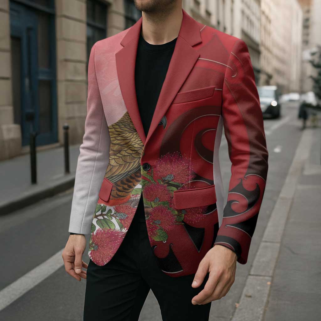 New Zealand Parrot Kaka Blazer Maori Koru With Pohutukawa Flowers - Polynesian Pride
