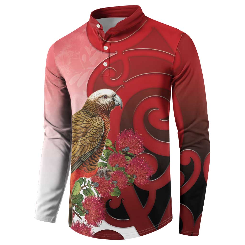 New Zealand Parrot Kaka Button Sweatshirt Maori Koru With Pohutukawa Flowers - Polynesian Pride