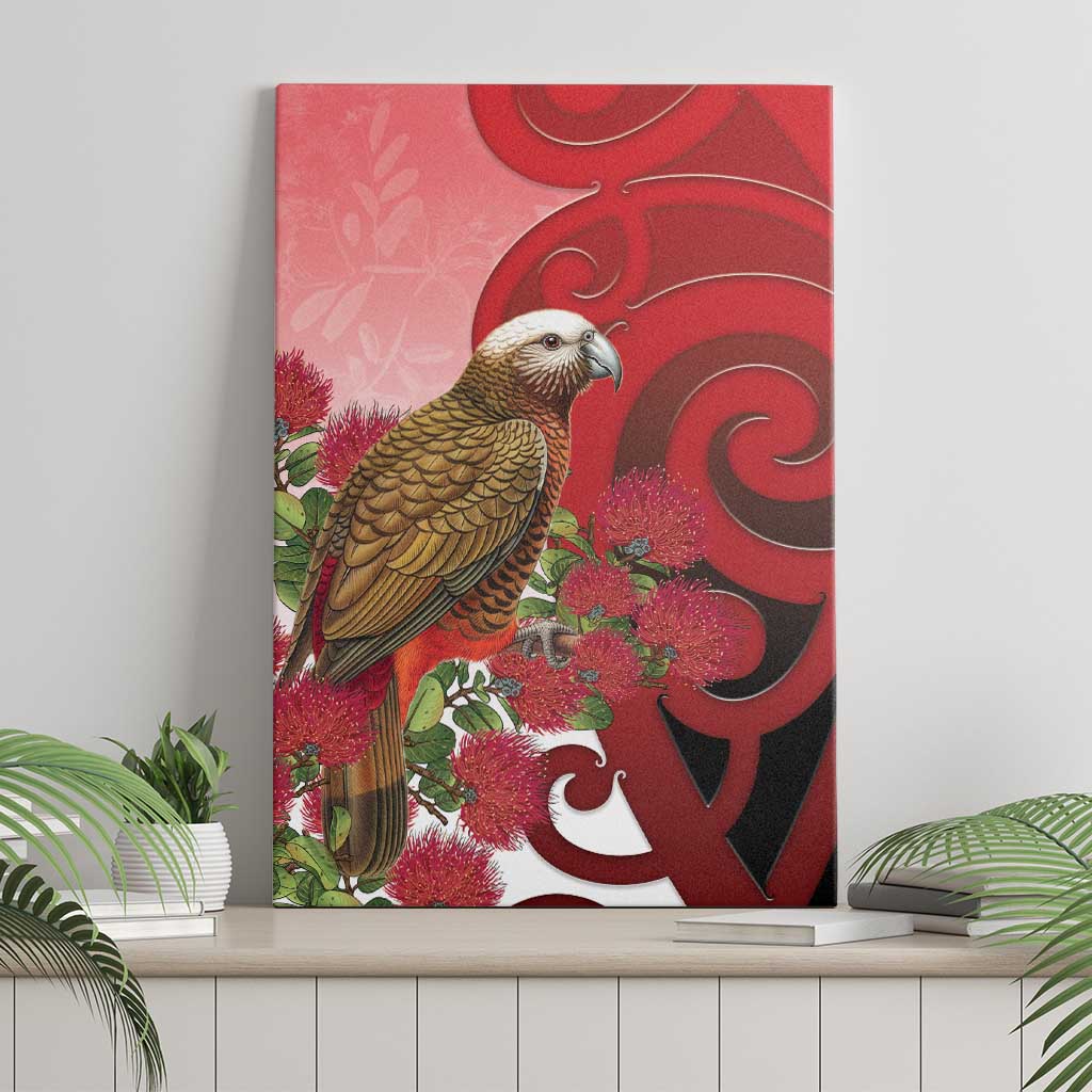 New Zealand Parrot Kaka Canvas Wall Art Maori Koru With Pohutukawa Flowers - Polynesian Pride