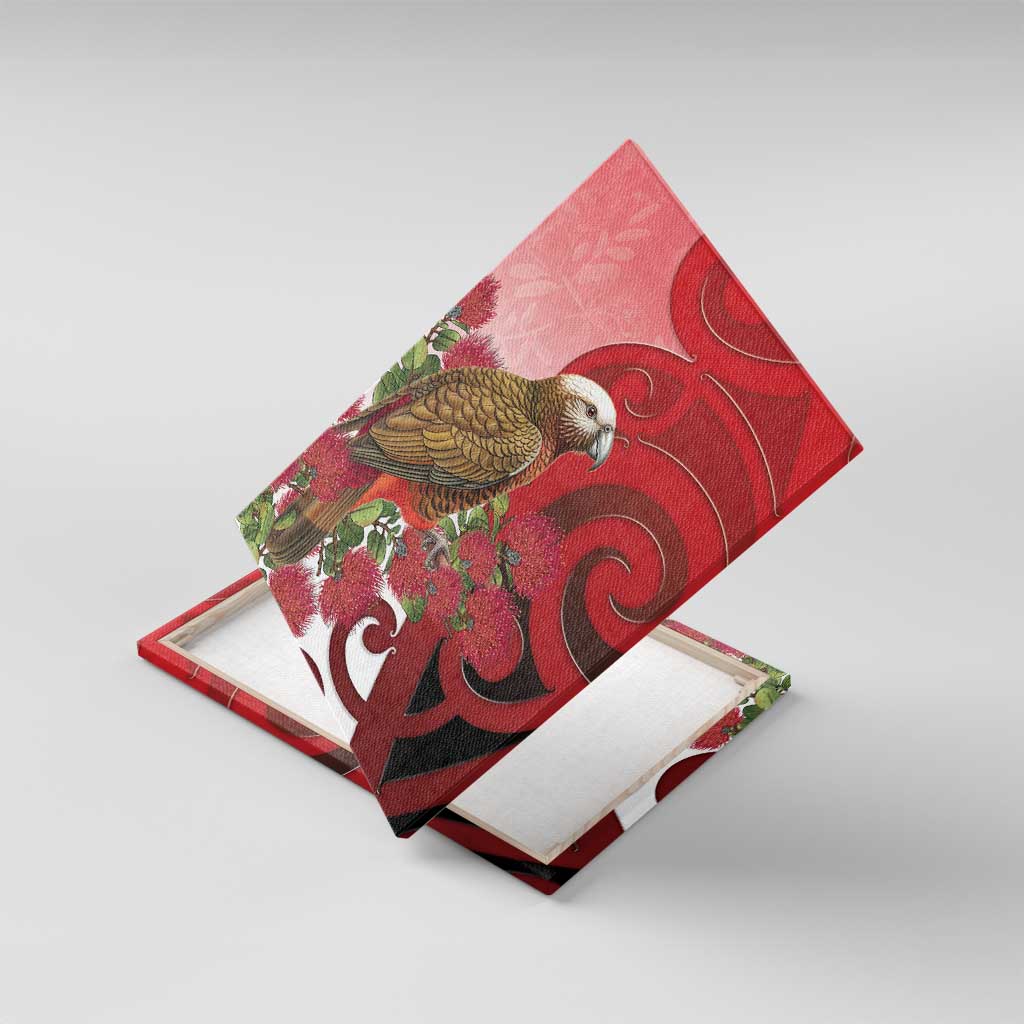 New Zealand Parrot Kaka Canvas Wall Art Maori Koru With Pohutukawa Flowers - Polynesian Pride
