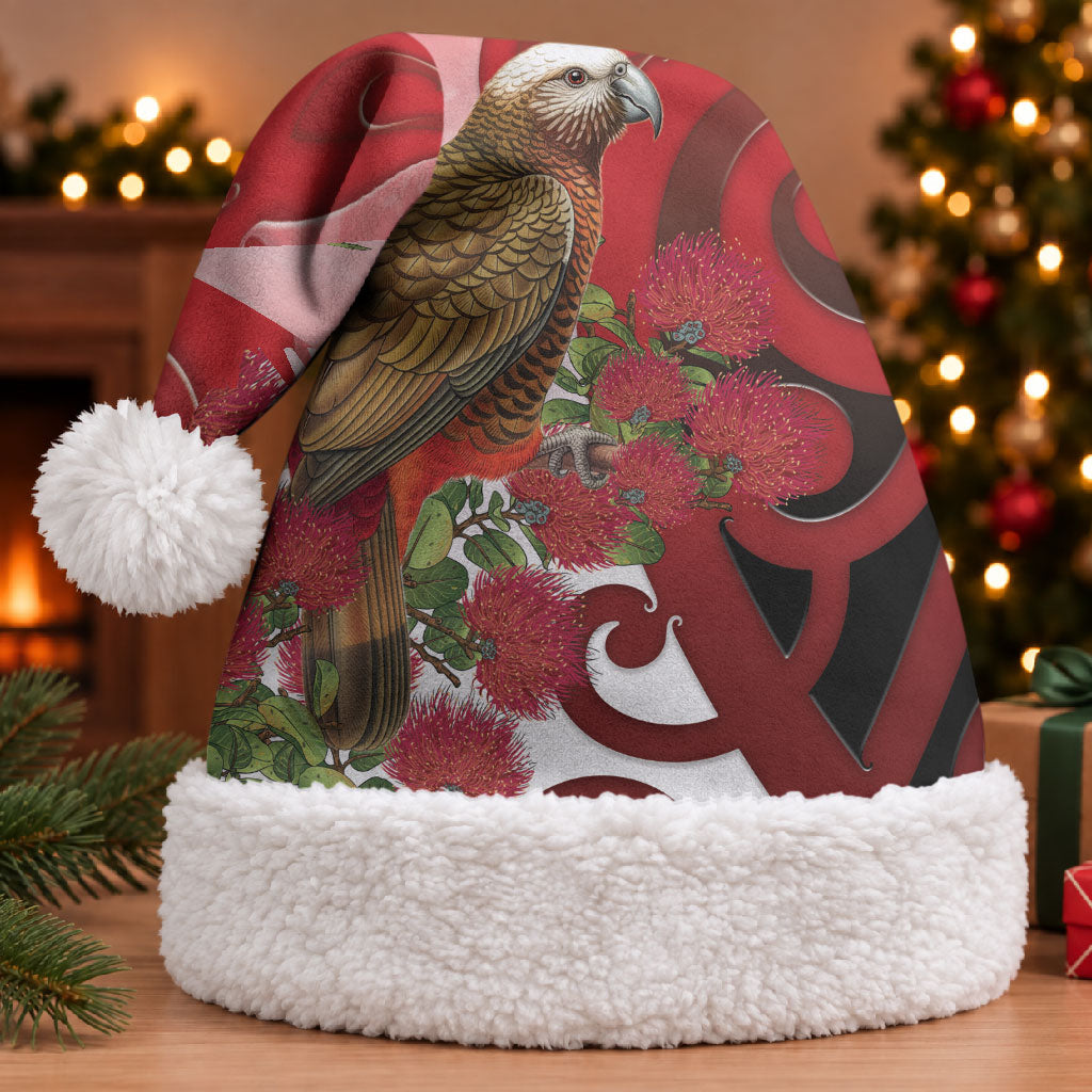 New Zealand Parrot Kaka Christmas Santa Hat Maori Koru With Pohutukawa Flowers LT05 With Fur Red - Polynesian Pride