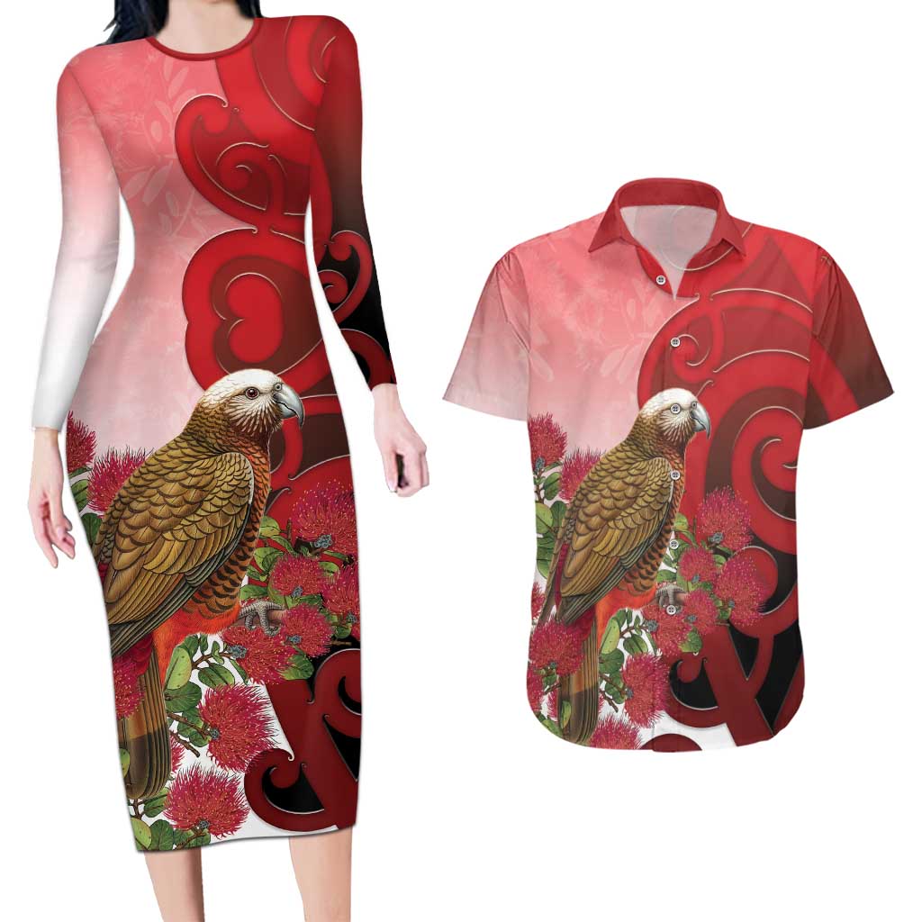 New Zealand Parrot Kaka Couples Matching Long Sleeve Bodycon Dress and Hawaiian Shirt Maori Koru With Pohutukawa Flowers - Polynesian Pride