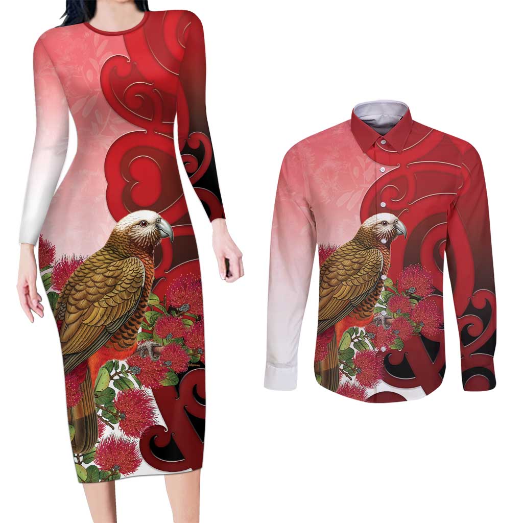 New Zealand Parrot Kaka Couples Matching Long Sleeve Bodycon Dress and Long Sleeve Button Shirt Maori Koru With Pohutukawa Flowers LT05 Red - Polynesian Pride