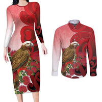 New Zealand Parrot Kaka Couples Matching Long Sleeve Bodycon Dress and Long Sleeve Button Shirt Maori Koru With Pohutukawa Flowers LT05 Red - Polynesian Pride