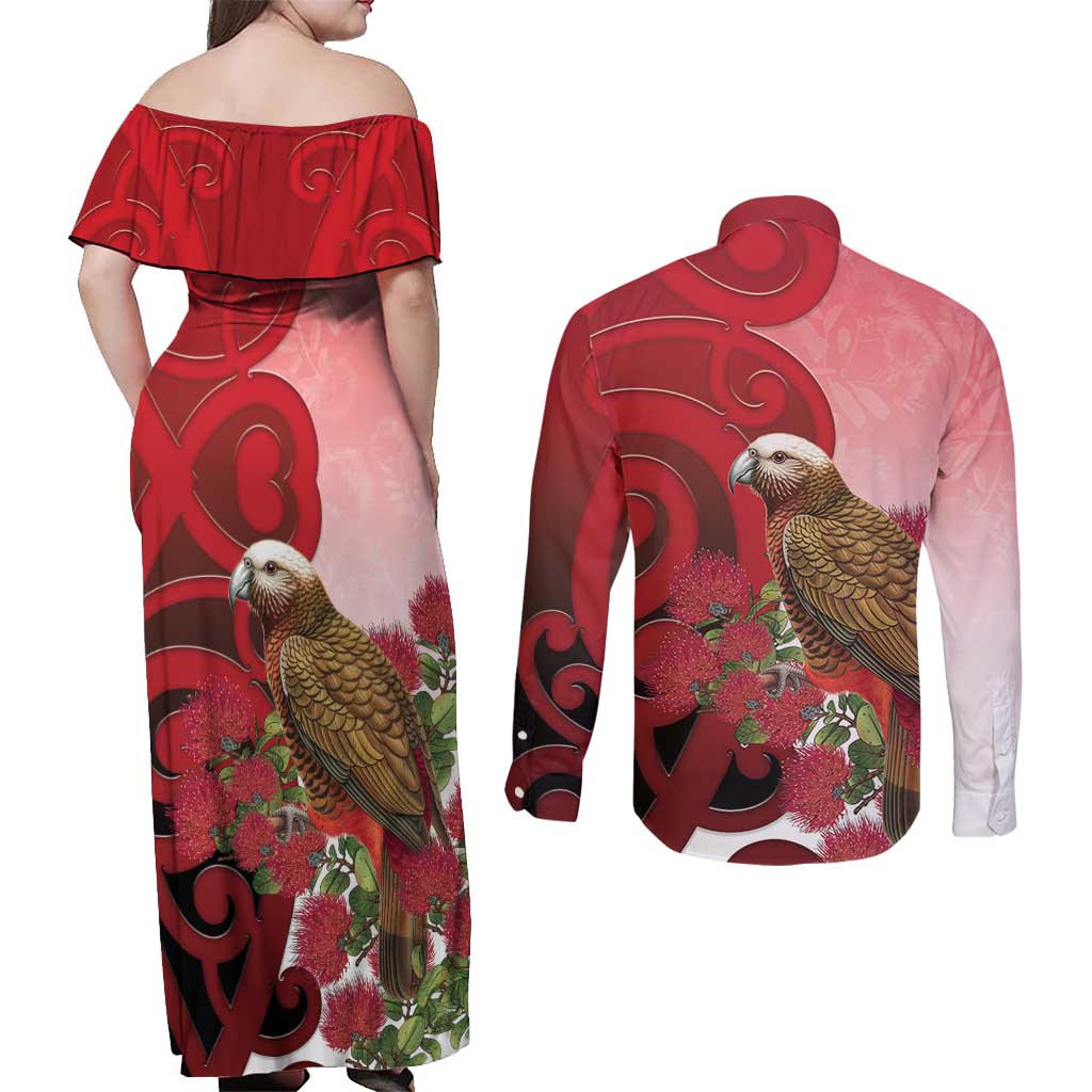New Zealand Parrot Kaka Couples Matching Off Shoulder Maxi Dress and Long Sleeve Button Shirt Maori Koru With Pohutukawa Flowers LT05 - Polynesian Pride