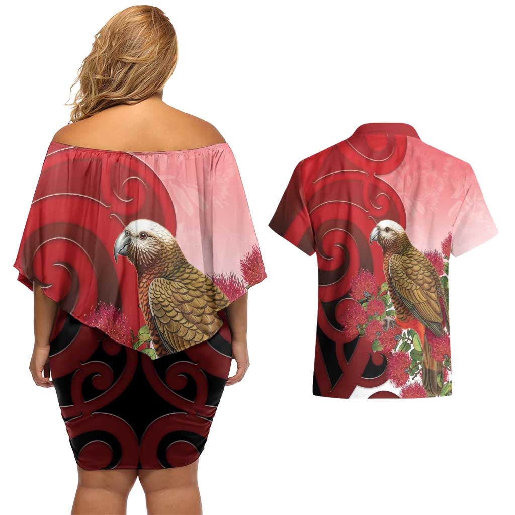 New Zealand Parrot Kaka Couples Matching Off Shoulder Short Dress and Hawaiian Shirt Maori Koru With Pohutukawa Flowers LT05 - Polynesian Pride